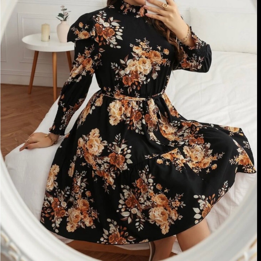 SHEIN LUNE Plus Floral Print Shirred Ruffle Hem Belted Dress